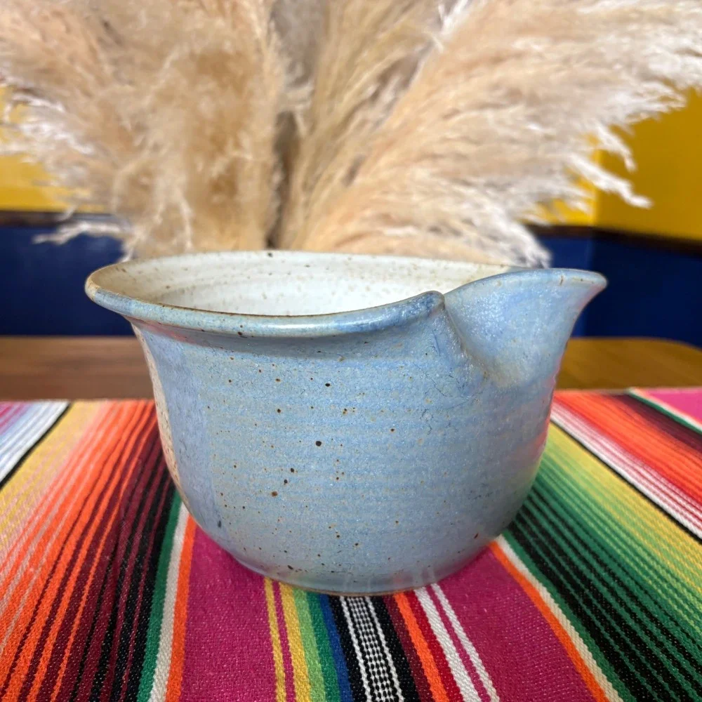 Studio Pottery Batter Bowl Blue Cream Speckled Glaze Stoneware Mixing Spout 7in